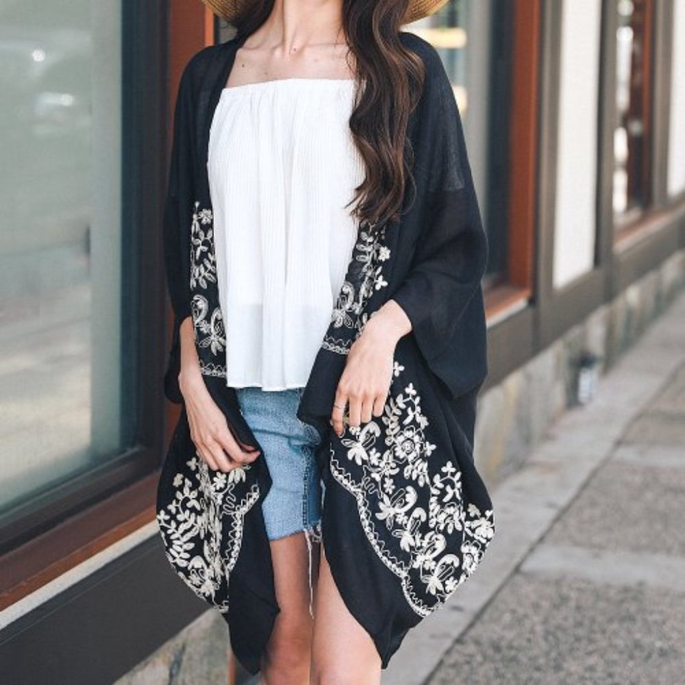 NEW Black Floral Embroidered Kimono one size Open front Shawl style